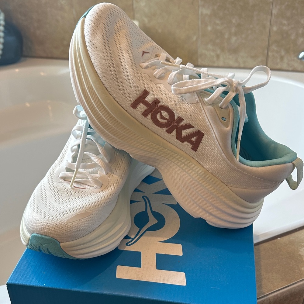 Hoka White and Aqua Athletic Shoes